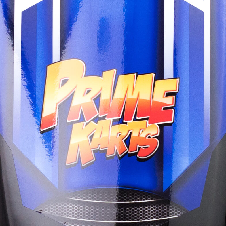 Close up of Prime Karts Charger graphics in blue