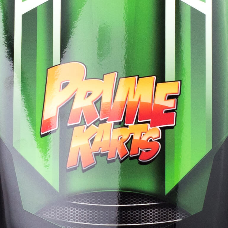 Close up of Prime Karts Charger graphics in green