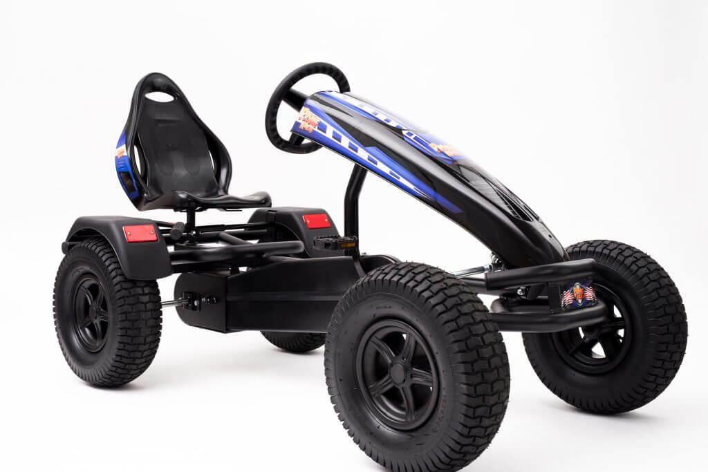 Right angle view of Prime Karts XL-4 with Charger graphics in blue
